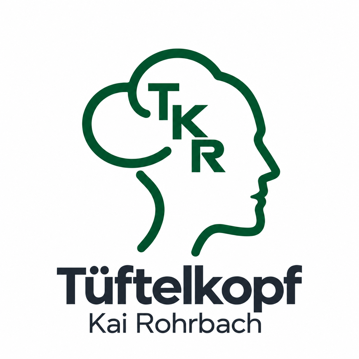 Tüftelkopf Kai Rohrbach: grünes Kopfprofil mit Wolkenkontur und diagonal angeordneten Buchstaben TKR